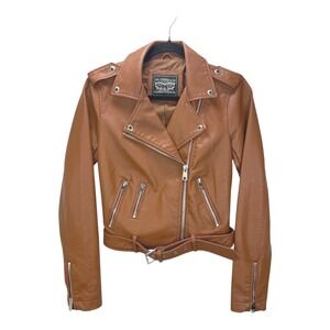 Levi‎ Strauss Co Faux Leather Moto Jacket Brown Womens XS Belted Zip Pockets